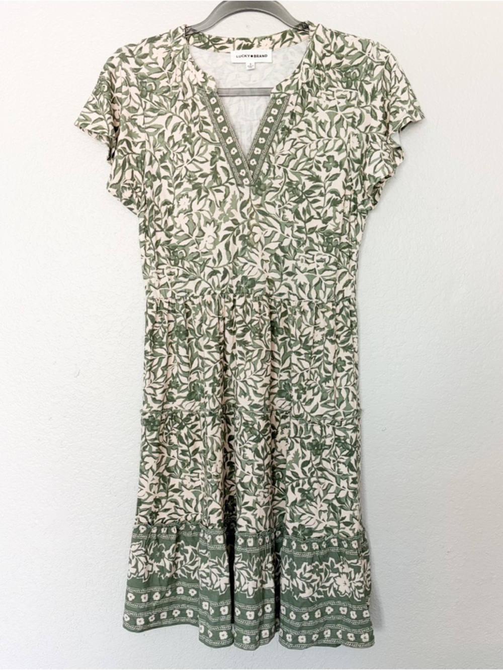 Lucky Brand Green Print Tier Swing Dress S